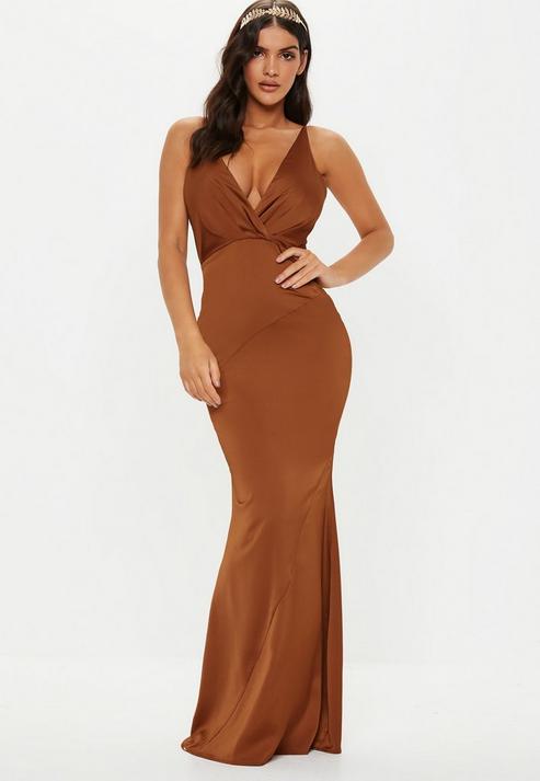 Bridesmaid Bronze Satin V Plunge Maxi ...